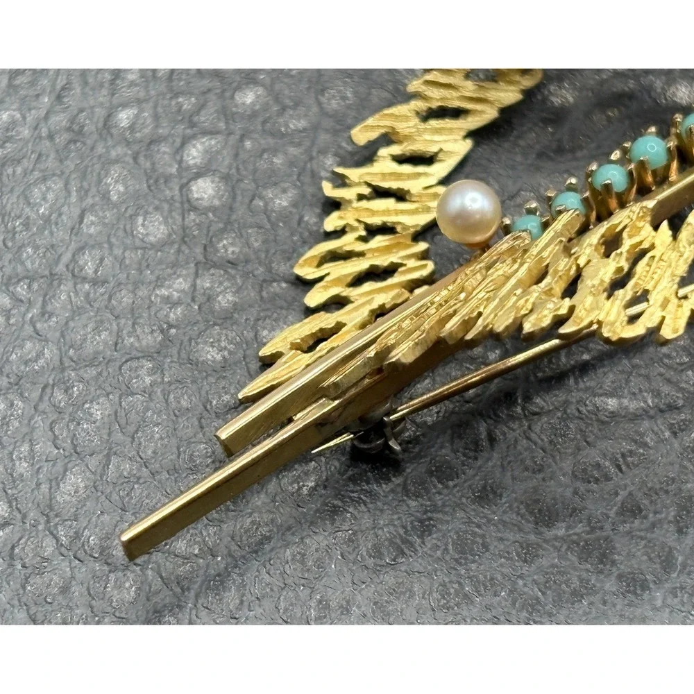 Vintage 18K Yellow Gold Abstract Modernist Style Pearl Blue Stone Brooch Pin
